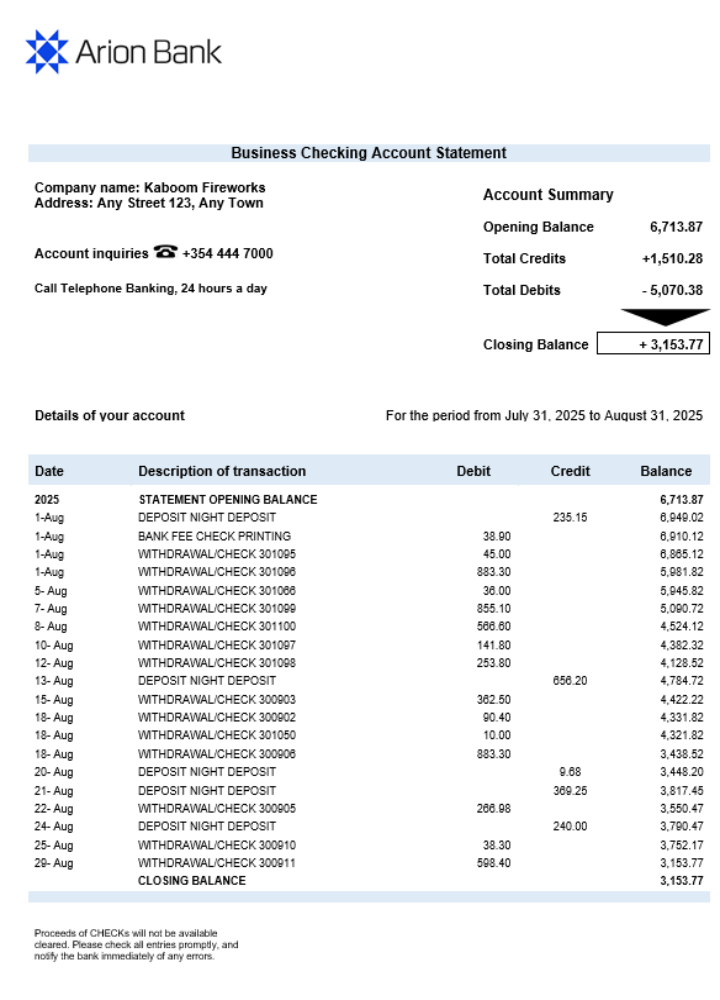 Download Arion Bank business organization checking  statement Word and PDF format Photoshop template
